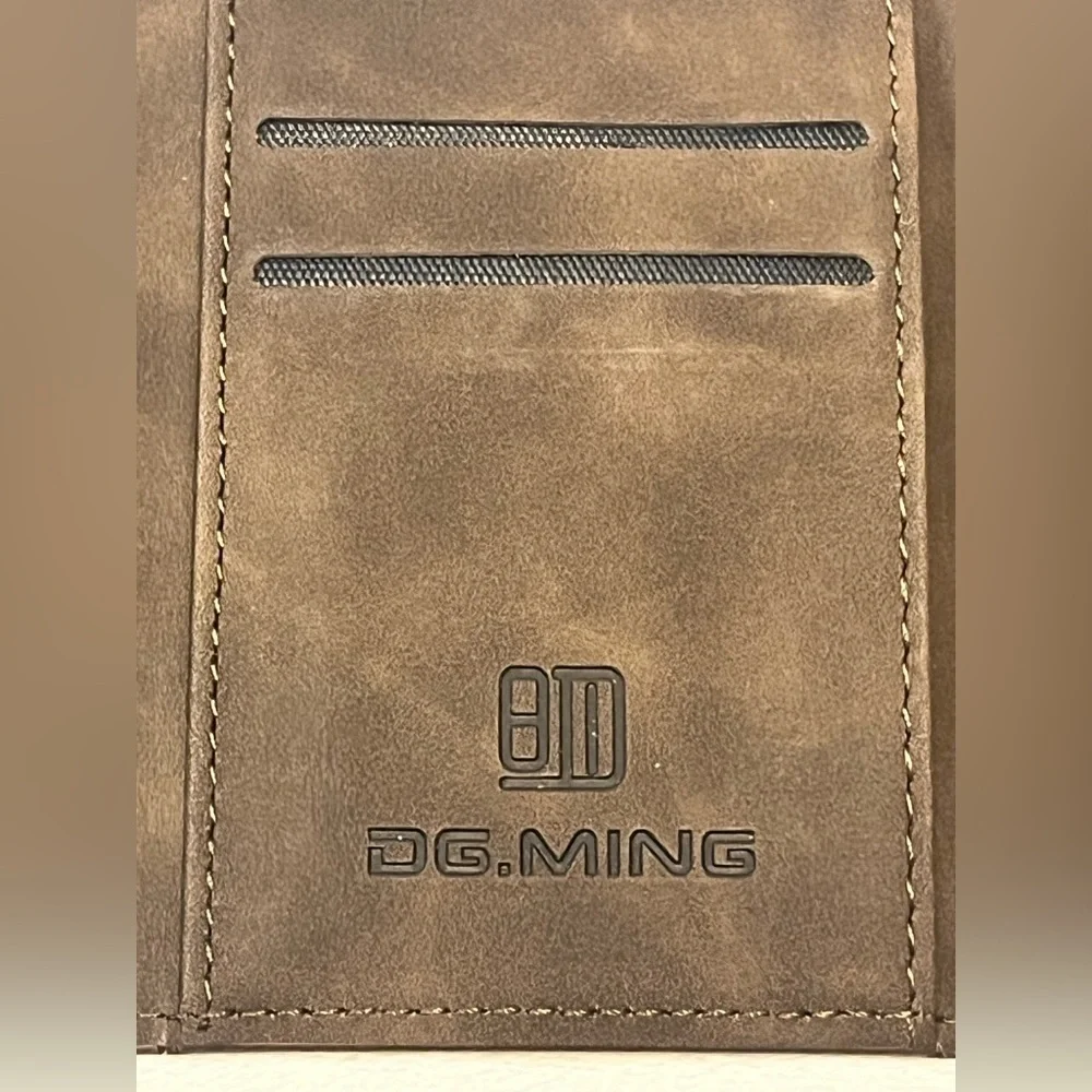 DG.MING Brown Leather Tri-Fold Magnetic Wallet